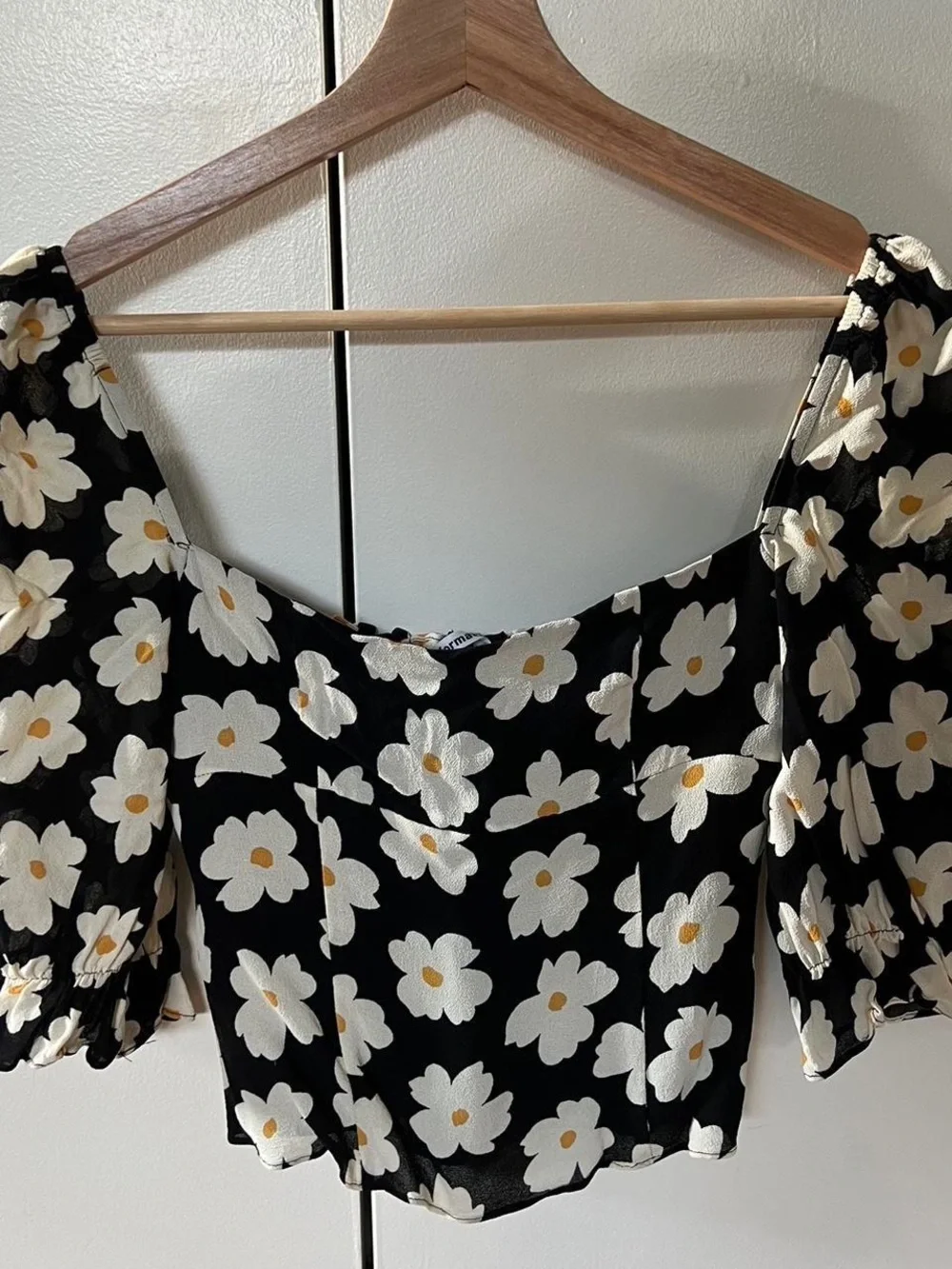 Reformation Black Daisy Puff-Sleeve Crop Top